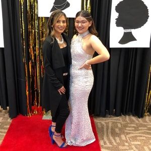 Slim fitting pale pink and silver dress